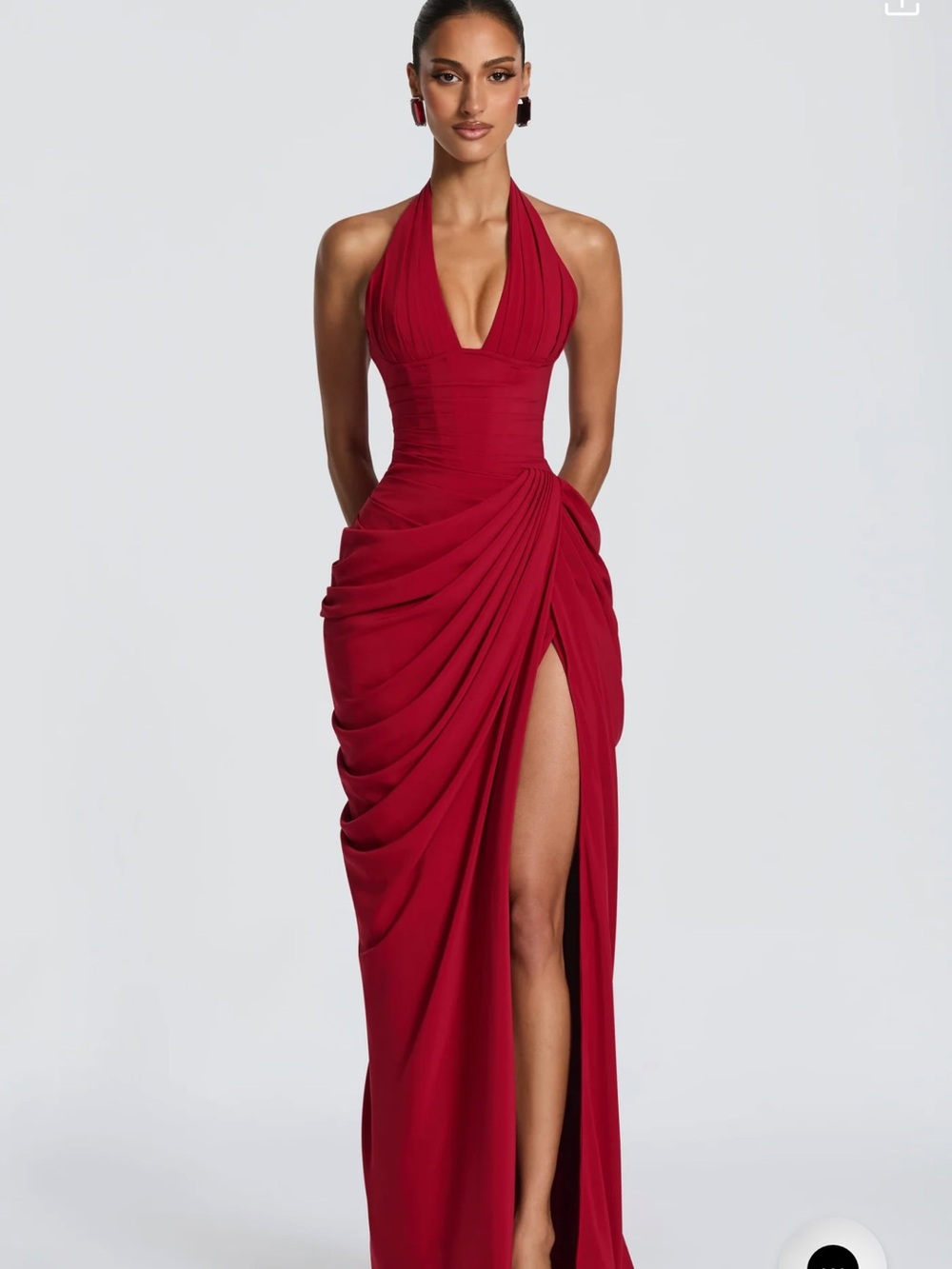 Red Halter Draped Maxi Dress with High Slit